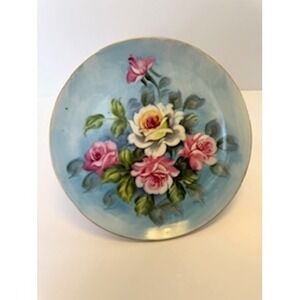 Lefton China Hand Painted Rose Plate Blue Sky Gold Rim Decorative Collectible